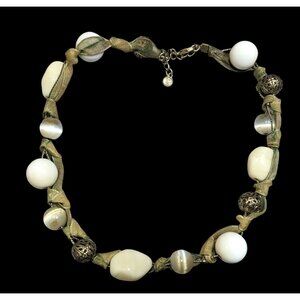 Liz Claiborne Beige And White Beaded Ribbon Necklace